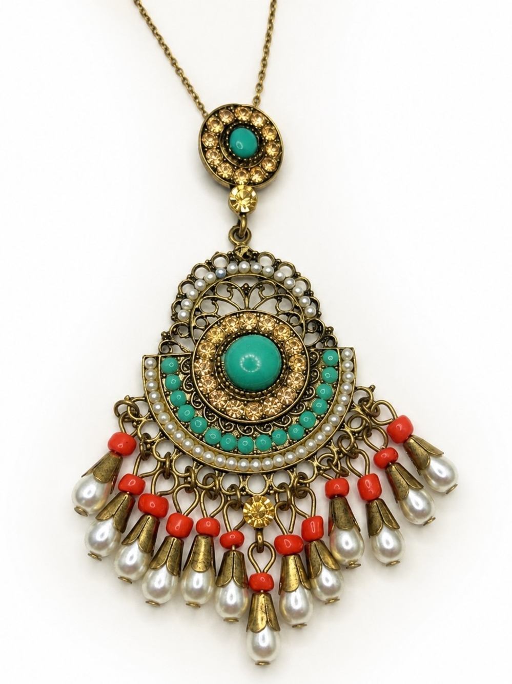 Large Boho Statement Pendant Turquoise Coral Pearl Look Dangle Charm 4"